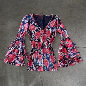 “Fuzzi” Mesh Floral Bell Sleeve Top